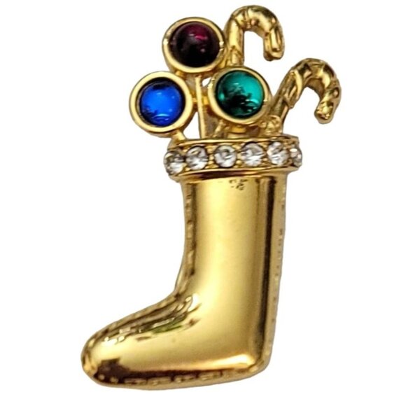 Monet Gold Tone Rhinestone Christmas Stocking Brooch Pin, Signed M749 - Picture 6 of 6